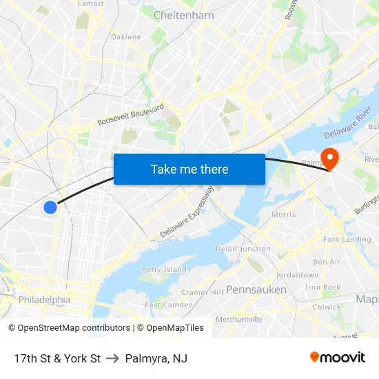 17th St & York St to Palmyra, NJ map