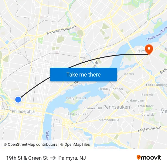 19th St & Green St to Palmyra, NJ map