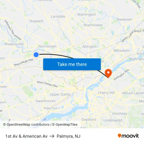 1st Av & American Av to Palmyra, NJ map