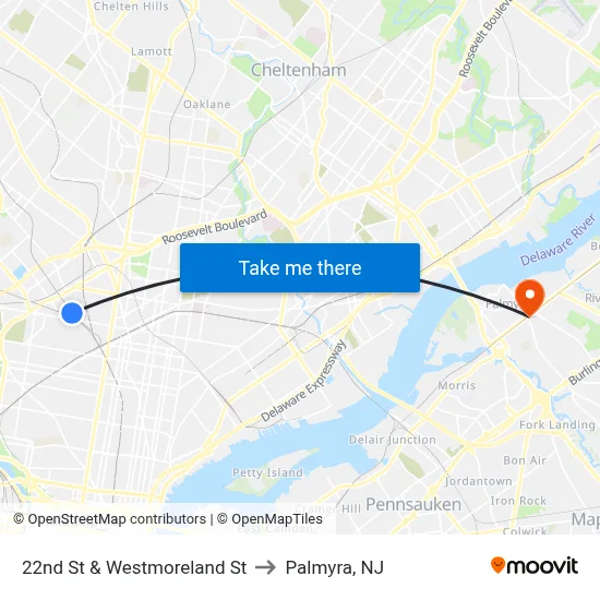 22nd St & Westmoreland St to Palmyra, NJ map