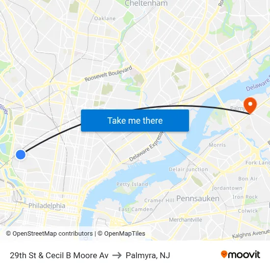 29th St & Cecil B Moore Av to Palmyra, NJ map
