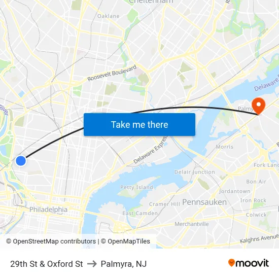 29th St & Oxford St to Palmyra, NJ map
