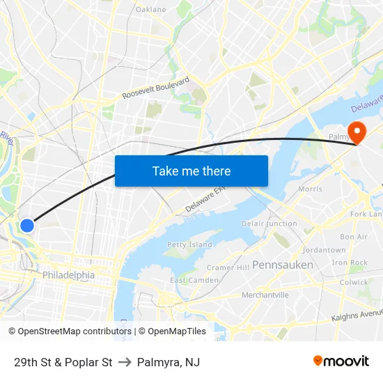 29th St & Poplar St to Palmyra, NJ map