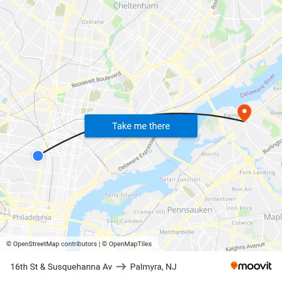 16th St & Susquehanna Av to Palmyra, NJ map