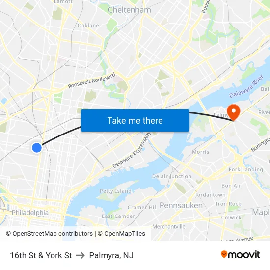 16th St & York St to Palmyra, NJ map