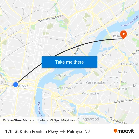 17th St & Ben Franklin Pkwy to Palmyra, NJ map