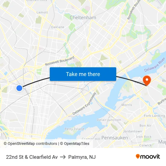22nd St & Clearfield Av to Palmyra, NJ map