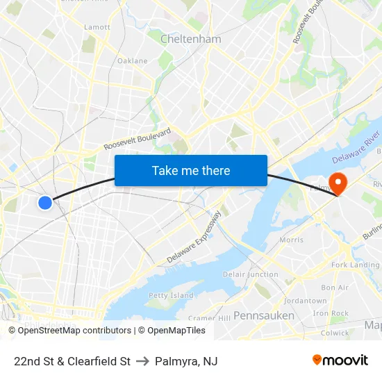 22nd St & Clearfield St to Palmyra, NJ map