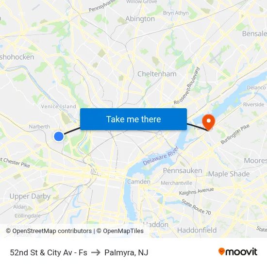 52nd St & City Av - Fs to Palmyra, NJ map