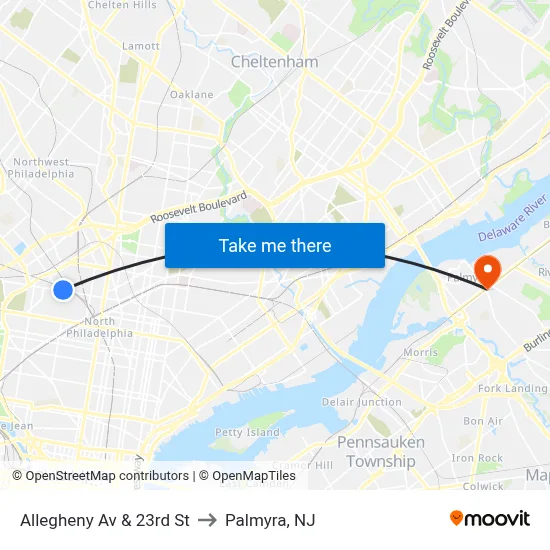 Allegheny Av & 23rd St to Palmyra, NJ map