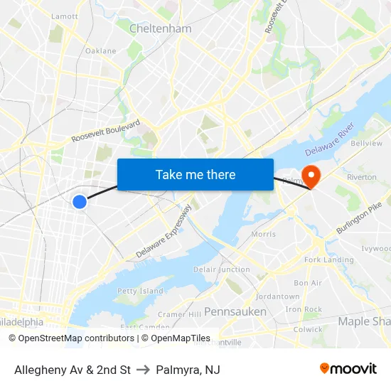 Allegheny Av & 2nd St to Palmyra, NJ map