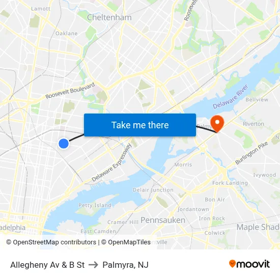 Allegheny Av & B St to Palmyra, NJ map