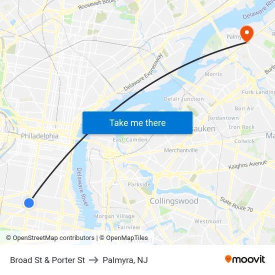 Broad St & Porter St to Palmyra, NJ map