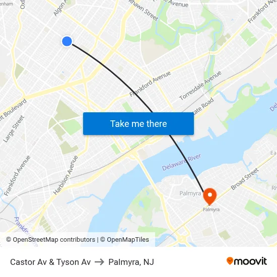 Castor Av & Tyson Av to Palmyra, NJ map