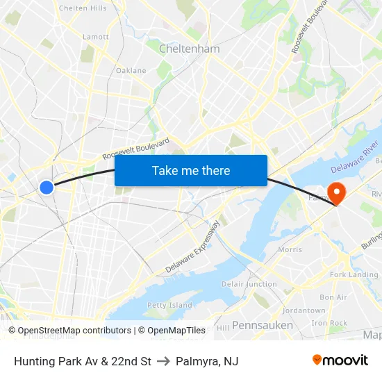 Hunting Park Av & 22nd St to Palmyra, NJ map