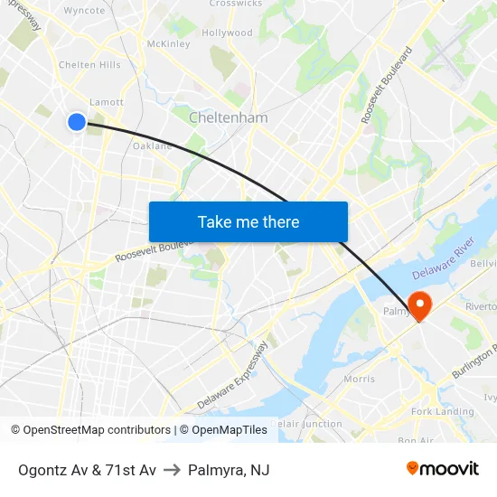 Ogontz Av & 71st Av to Palmyra, NJ map
