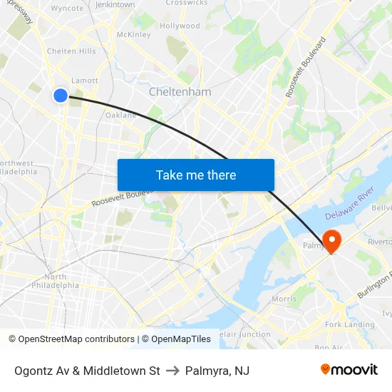 Ogontz Av & Middletown St to Palmyra, NJ map