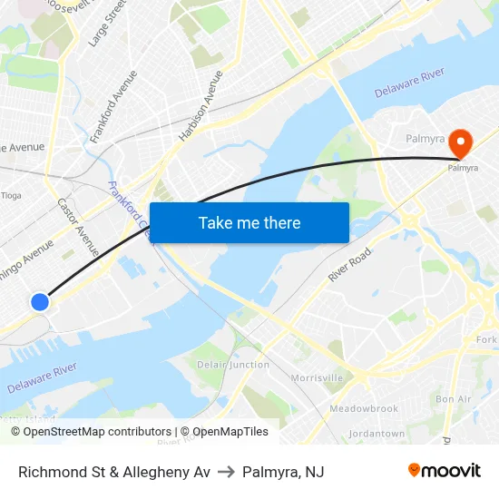 Richmond St & Allegheny Av to Palmyra, NJ map