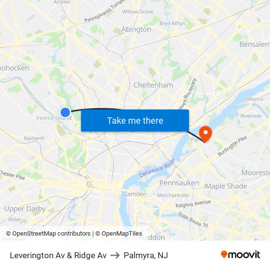 Leverington Av & Ridge Av to Palmyra, NJ map