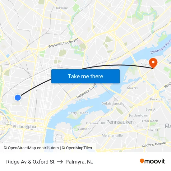 Ridge Av & Oxford St to Palmyra, NJ map