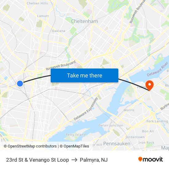 23rd St & Venango St Loop to Palmyra, NJ map