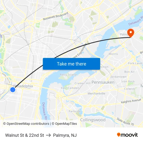 Walnut St & 22nd St to Palmyra, NJ map
