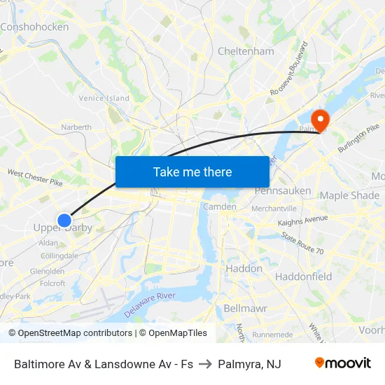 Baltimore Av & Lansdowne Av - Fs to Palmyra, NJ map