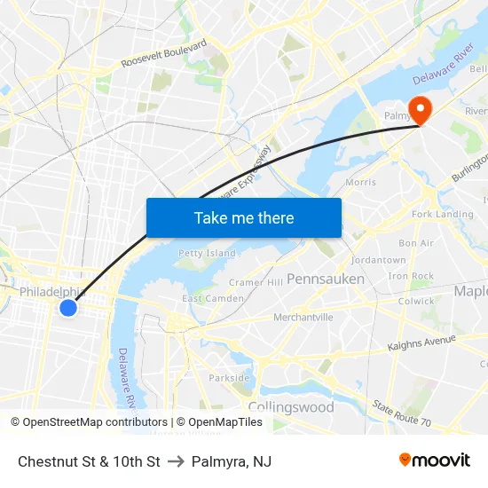 Chestnut St & 10th St to Palmyra, NJ map