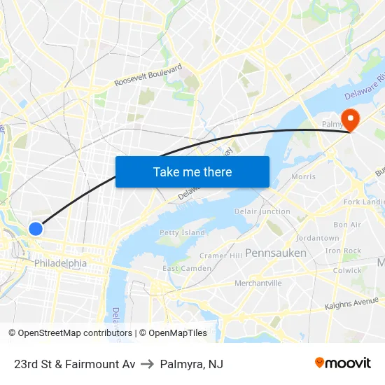23rd St & Fairmount Av to Palmyra, NJ map