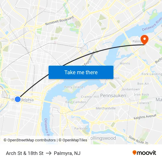 Arch St & 18th St to Palmyra, NJ map