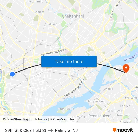 29th St & Clearfield St to Palmyra, NJ map