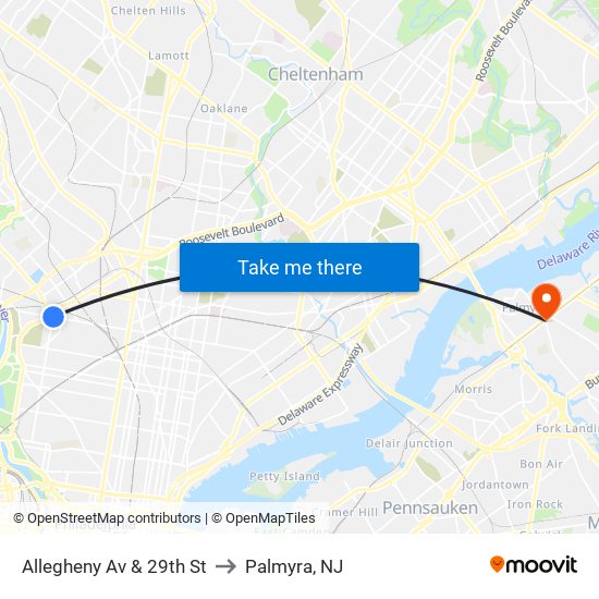 Allegheny Av & 29th St to Palmyra, NJ map