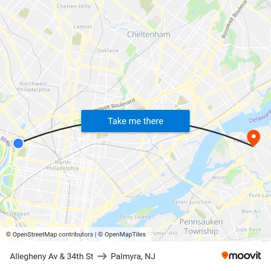 Allegheny Av & 34th St to Palmyra, NJ map