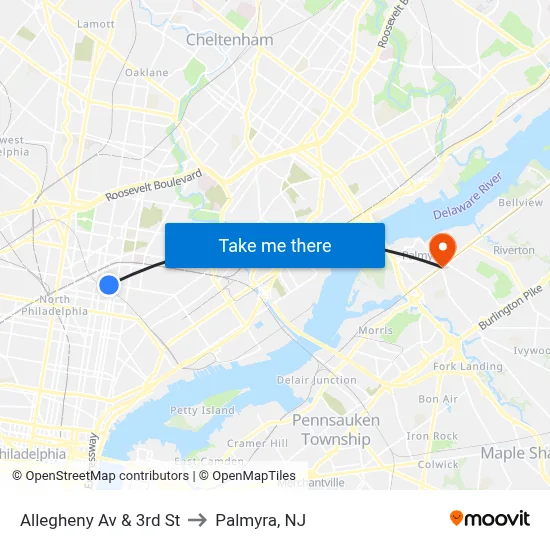 Allegheny Av & 3rd St to Palmyra, NJ map