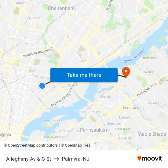 Allegheny Av & G St to Palmyra, NJ map