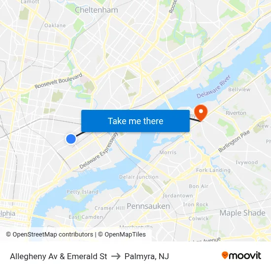 Allegheny Av & Emerald St to Palmyra, NJ map