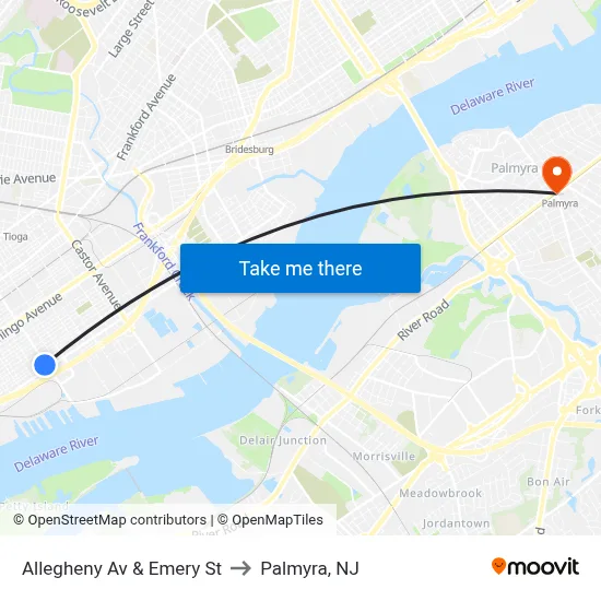 Allegheny Av & Emery St to Palmyra, NJ map