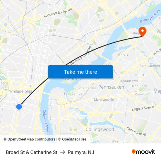 Broad St & Catharine St to Palmyra, NJ map