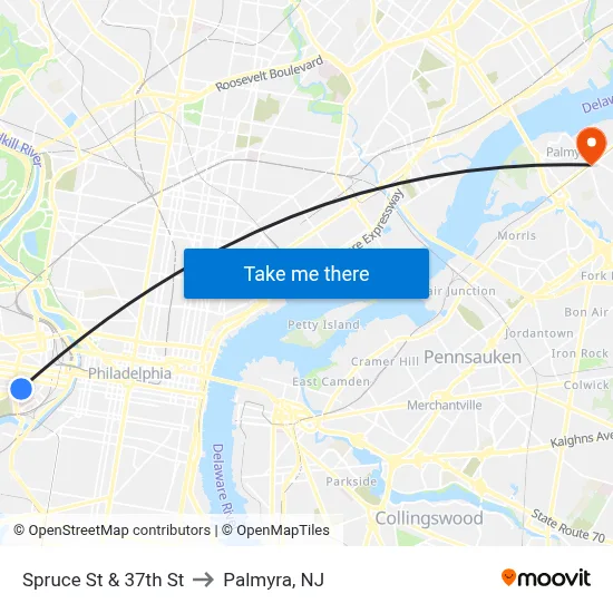 Spruce St & 37th St to Palmyra, NJ map