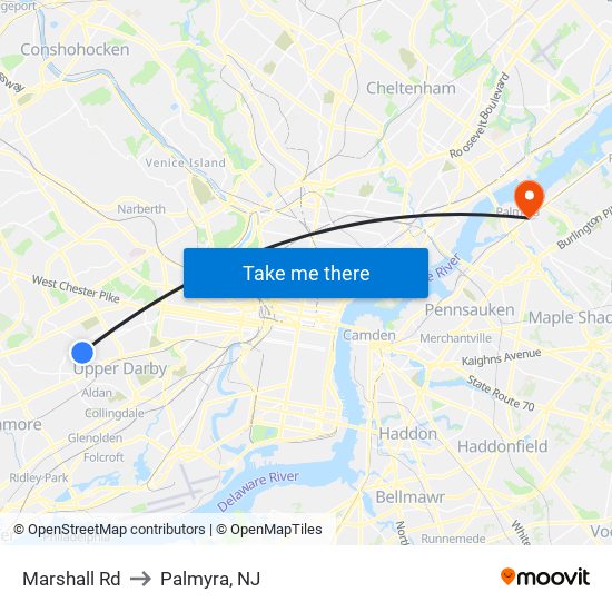 Marshall Rd to Palmyra, NJ map