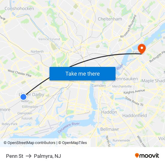 Penn St to Palmyra, NJ map