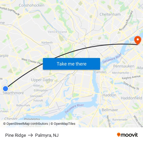 Pine Ridge to Palmyra, NJ map