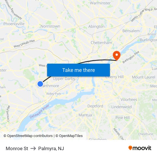 Monroe St to Palmyra, NJ map