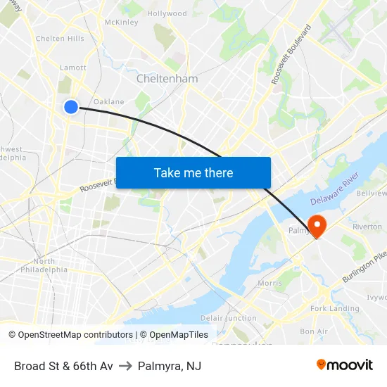 Broad St & 66th Av to Palmyra, NJ map