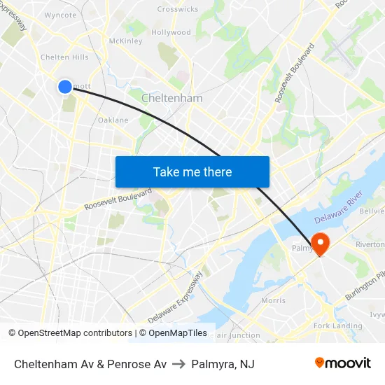 Cheltenham Av & Penrose Av to Palmyra, NJ map
