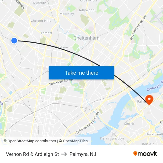 Vernon Rd & Ardleigh St to Palmyra, NJ map