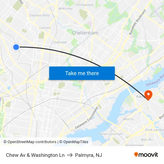 Chew Av & Washington Ln to Palmyra, NJ map