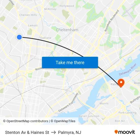 Stenton Av & Haines St to Palmyra, NJ map