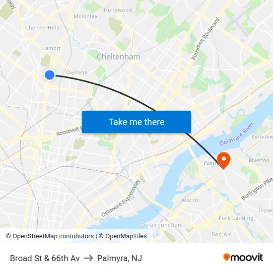 Broad St & 66th Av to Palmyra, NJ map
