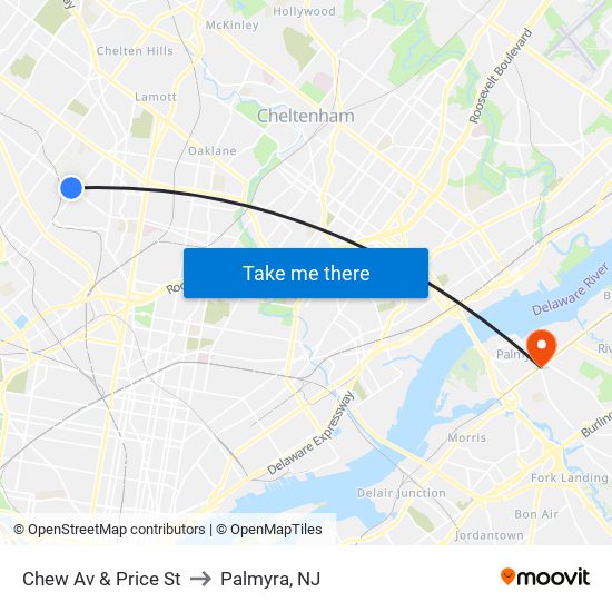Chew Av & Price St to Palmyra, NJ map